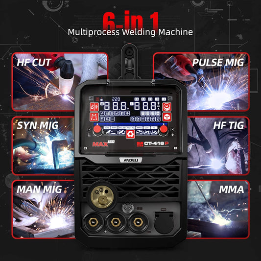 ANDELI 6 in 1 MIG Welding Machine with Pulse MIG/HF TIG/CUT/Stick Aluminum MIG Welder Semi-automatic Gas/Gasless Welding