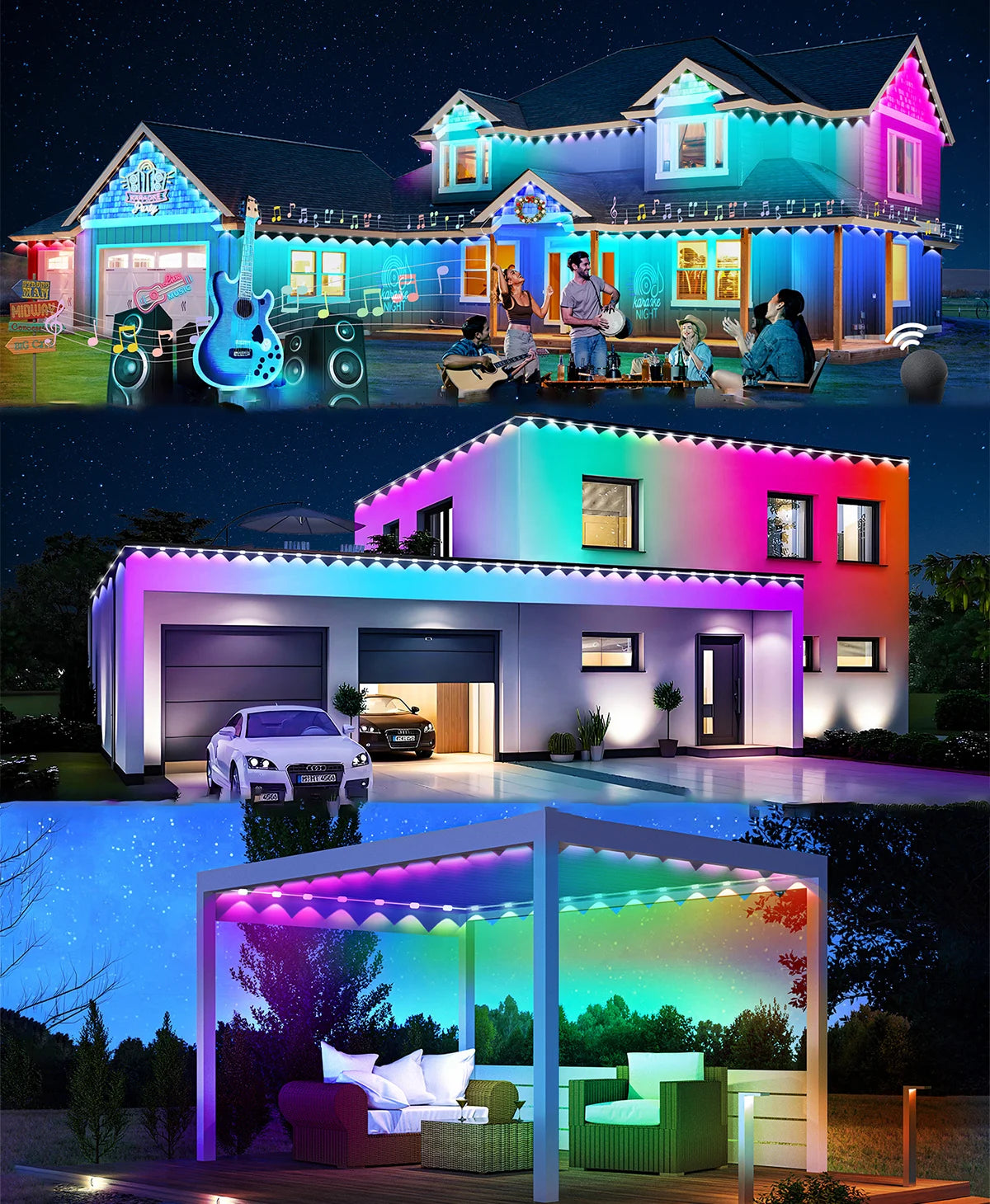 60M Smart RGB Eave Lights App & Remote IP67 Permanent Outdoor LED String Lights Home New Year Christmas Birthday DIY Lighting