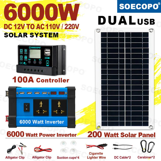 Solar System 6000W  Complete Kit 12V To 220V 100A Controller 200W Panel Solar Power Generator for home/Camping Backup Battery