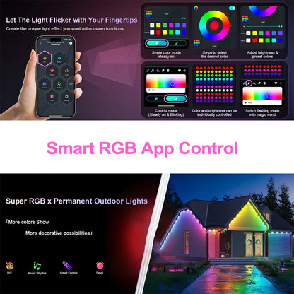 60M Smart RGB Eave Lights App & Remote IP67 Permanent Outdoor LED String Lights Home New Year Christmas Birthday DIY Lighting