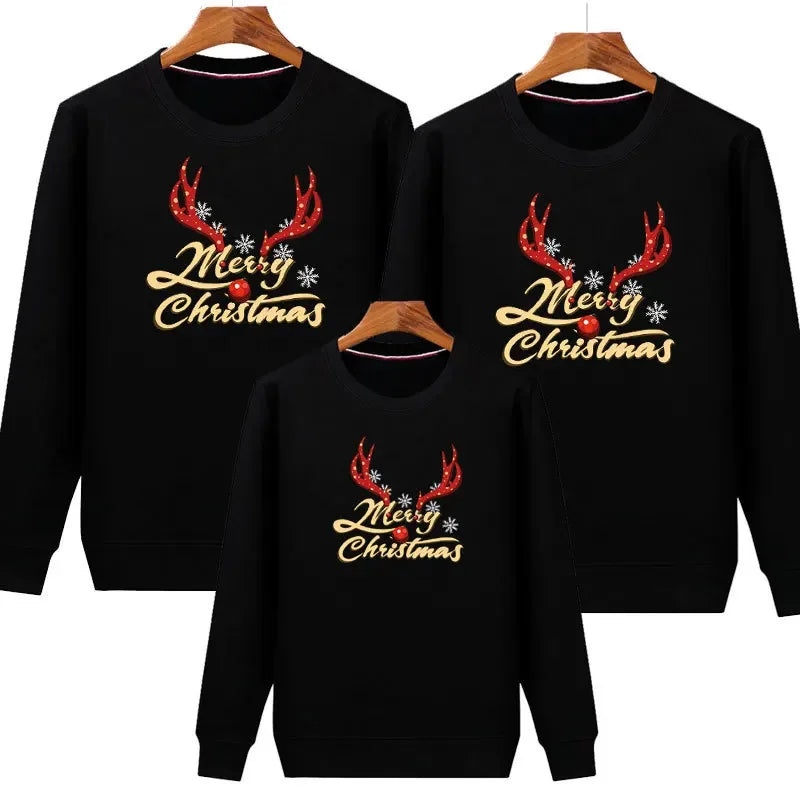 2026 Christmas Family Matching Outfits Cartoon Deer Print Hoodies Casual O Neck Sweatshirt Mommy and Me Clothes Xmas Family Look