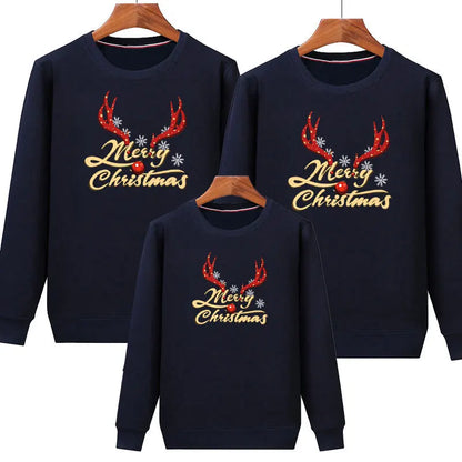 2026 Christmas Family Matching Outfits Cartoon Deer Print Hoodies Casual O Neck Sweatshirt Mommy and Me Clothes Xmas Family Look