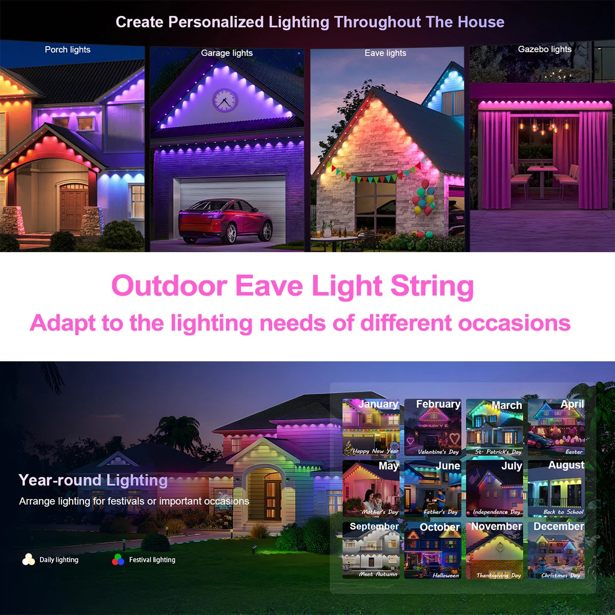 60M Smart RGB Eave Lights App & Remote IP67 Permanent Outdoor LED String Lights Home New Year Christmas Birthday DIY Lighting
