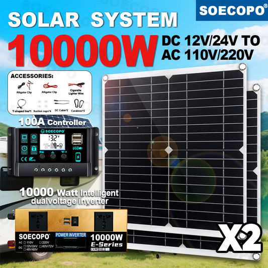 SOECOPO10000W Solar Kit 2x300W Solar Panels 12V DC - 110V/220V AC Inverter Controller Perfect for RVs Homes and Camping Equipped