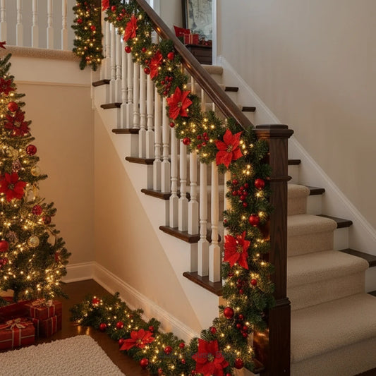 Christmas LED Rattan Garland, 270cm Artificial Wreath with Lights for Xmas Tree, Front Door, Fireplace, Stairs, Home Party Decor