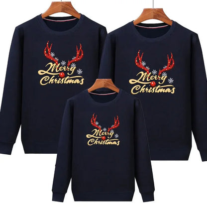 2026 Christmas Family Matching Outfits Cartoon Deer Print Hoodies Casual O Neck Sweatshirt Mommy and Me Clothes Xmas Family Look