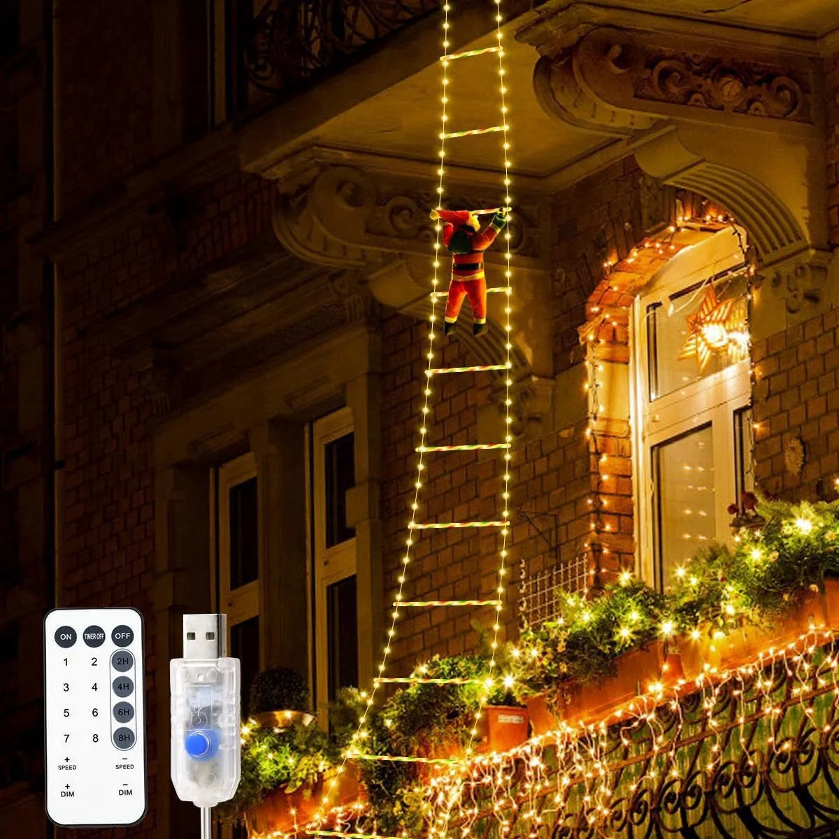 1.5/3M Christmas Decoration LED Santa Claus Climbing Ladder Light USB Plug 8 Flashing Modes Suitable Home Xmas Tree Wall Window