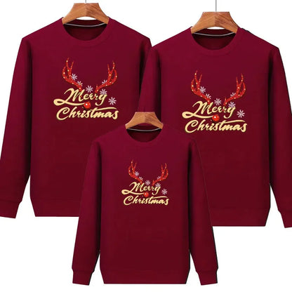 2026 Christmas Family Matching Outfits Cartoon Deer Print Hoodies Casual O Neck Sweatshirt Mommy and Me Clothes Xmas Family Look